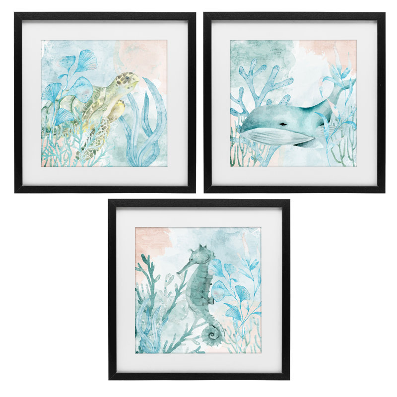 «Aquatic Animals Sea Swim», ensemble de 3 impressions sous verre encadrées, design par Kim Allen, H 16 po x l 16 po