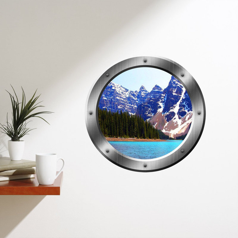 Décalcomanie murale hublot mountain lake, H 20 po x l 20 po x P 0,01 po