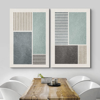 Geometric Line Minimalist Blue And Gray Rectangle And Line Abstract Shapes Modern Chic On Canvas 2 Pieces Print