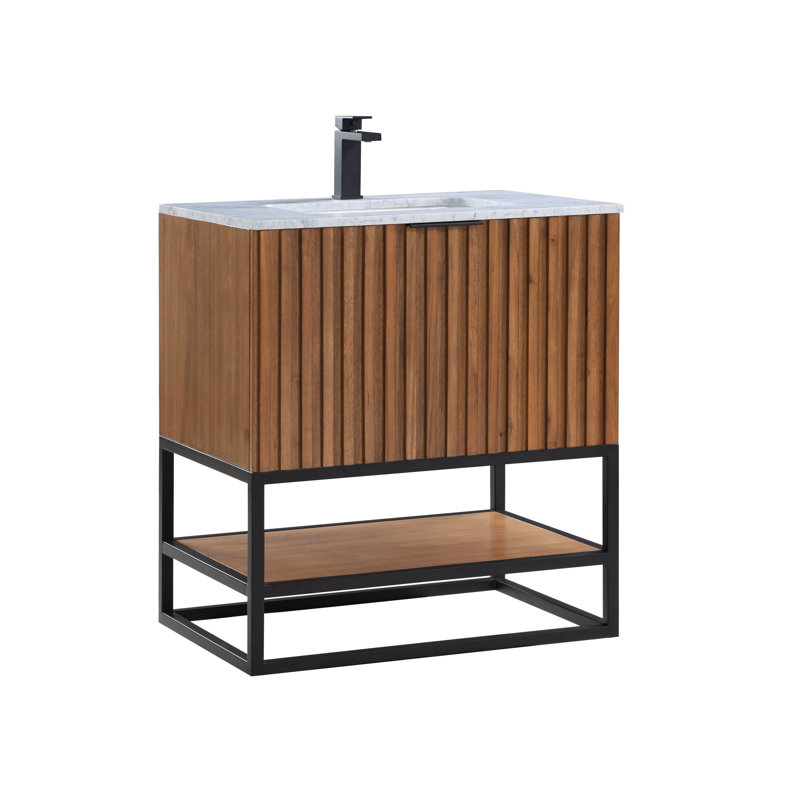 Terra 30'' Single Bathroom Vanity with Top, Walnut, Carrara Marble/Single Faucet Mount, Matte Black