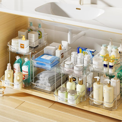 4 Pack Clear 2-Tier Under Sink Organizers, Stackable Pull-Out Cabinet Storage Bins with Dividers for Kitchen Bathroom Pantry