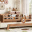 Lit Montessori au sol complet avec barrières de sécurité, étagères et structure en blocs de construction, beige et naturel foncé, sans sommier.-133872735-133872733