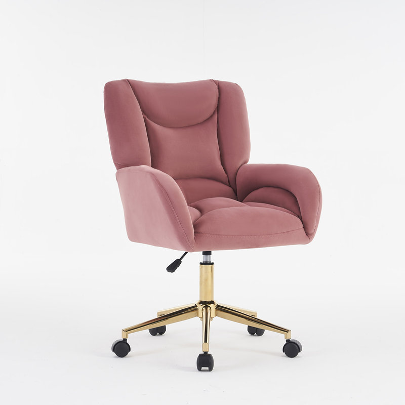 Velvet Fabric 360 Swivel Home Office Chair With Gold Metal Base And Universal Wheels,Pink, Velvet Pink