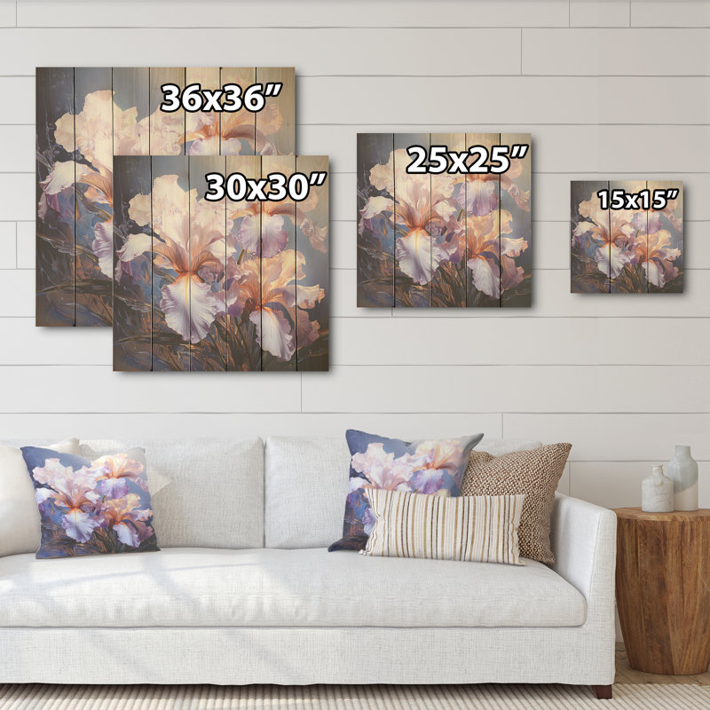 Iris baignant dans une aurore argentée clair de lune I - Art mural en bois d'iris sur bois de pin naturel, H 25 po x l 25 po