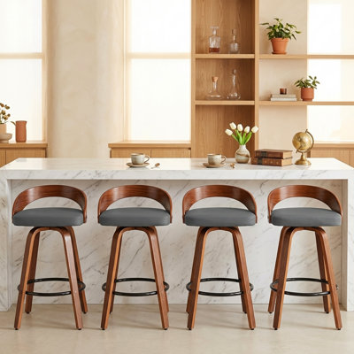 Ensemble de 4 tabourets de bar pivotants de 24,6 po de hauteur de comptoir, tabourets de bar rembourrés en noyer de style moderne Mid-Century avec dossier incurvé et repose-pieds, convenant au comptoir d'îlot de cuisine, gris