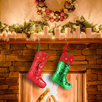 2 Pieces Sequin Reversible Classic Glittery Christmas Hanging Stockings 18 Inch for Home Decor