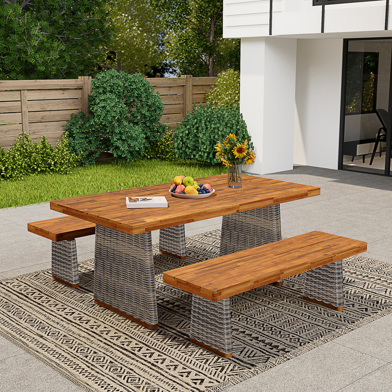 Ensemble repas d'extérieur 3 pièces en bois d'acacia avec pieds en rotin tissé à la main, 3 pièces: table, 2 bancs, Gris