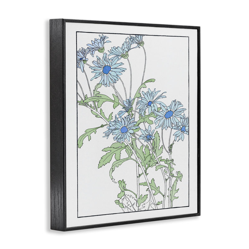 «Blue Daisies», dessin par CAD Designs, H 14 po x l 11 po, Giclée encadrée noir minuit