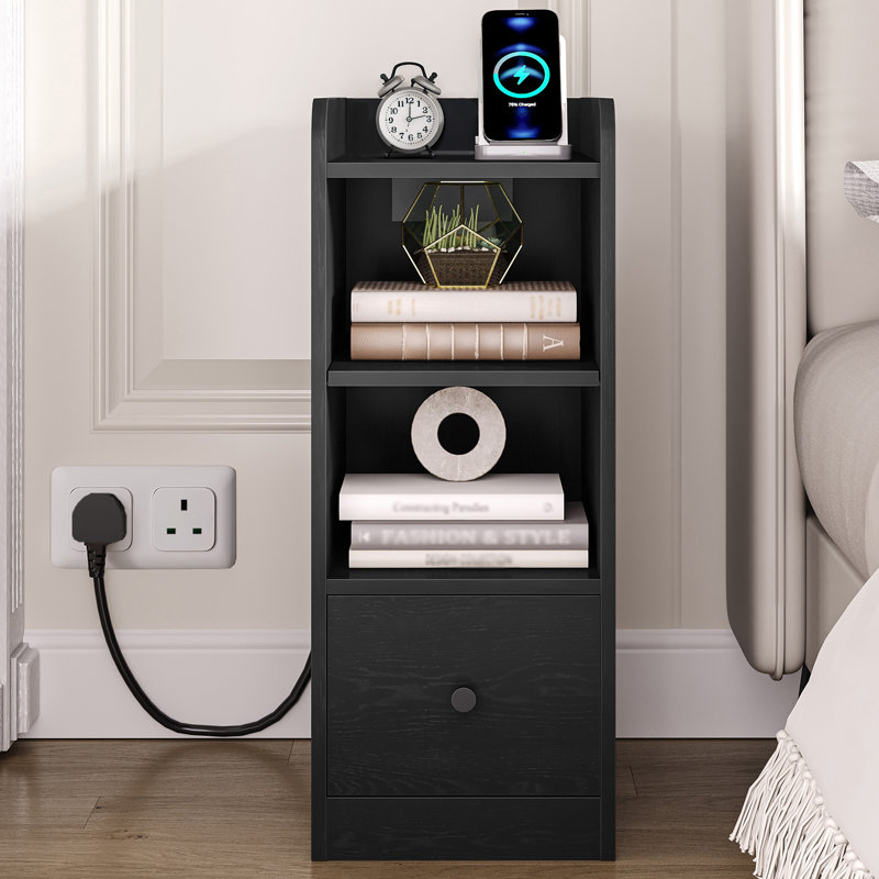 Slim Bedside Tables Set of 2 with Charging Station, Narrow Bedside Cabinet with Drawer, USB & Type-C Ports, Nightstands with Adjustable Shelves for Bedroom, Living Room 