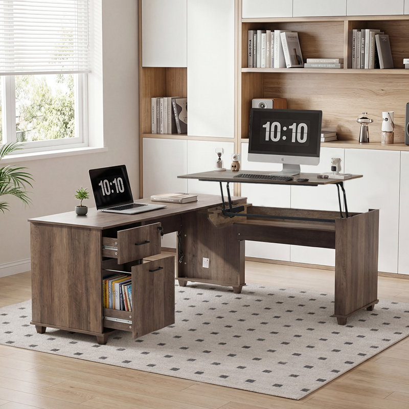71'' L-Shaped Lift Top Home Office Desk with Storage Drawers , File Cabinet and Convenient Charging