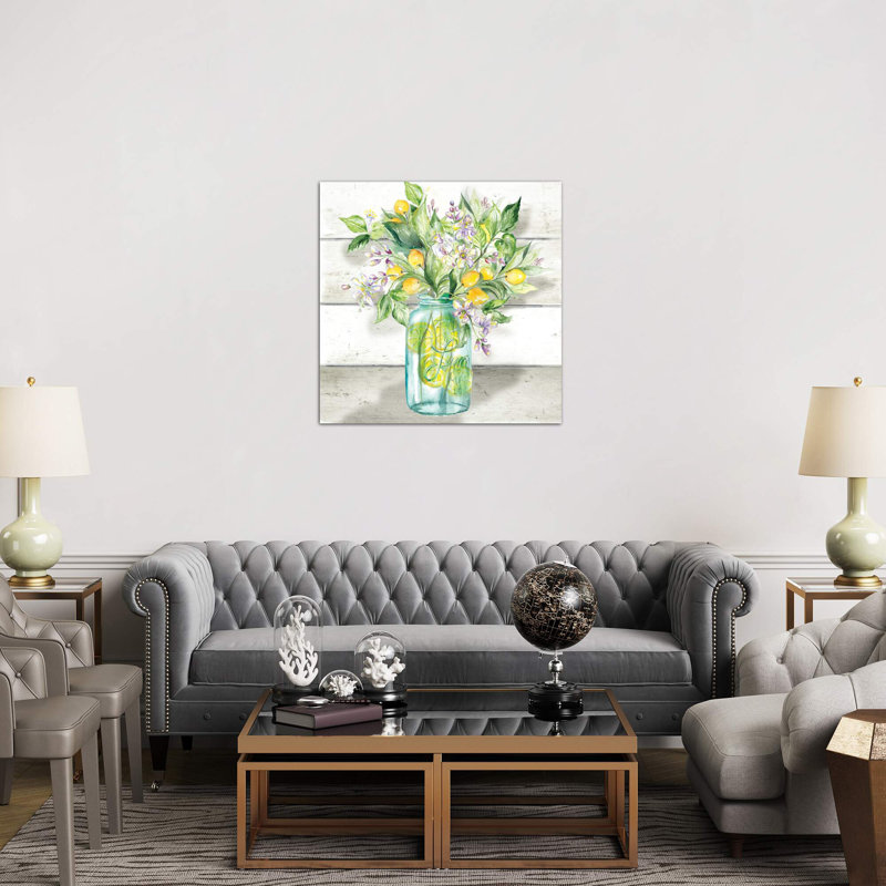 Watercolor Lemons In Mason Jar On Shiplap by Lemons In Mason Jar On Shiplap - Wrapped Canvas Painting