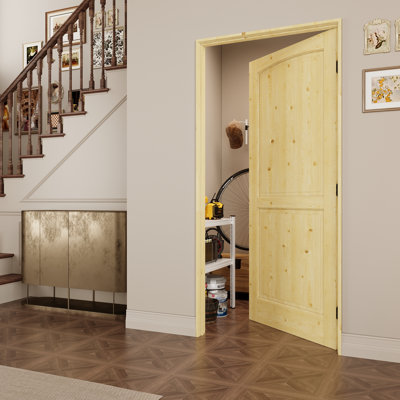 Interior 2‑Panel Pine Wood Door, Colonial Natural Solid Pine Prehung Door, with Jamb Kit, Seal Strip, Black Hinges & Right Hand Inswing, Unfinished & Paintable Door, for Pantry, Bedroom, Bathroom, Closet & Living Room, 32"x 80"