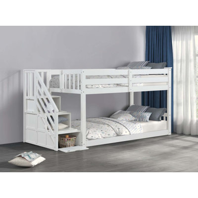 Transitional Style Twin Over Twin Low Bunk Bed Reversible Storage Drawers Staircase White Finish Mattress Ready Bedroom Furniture