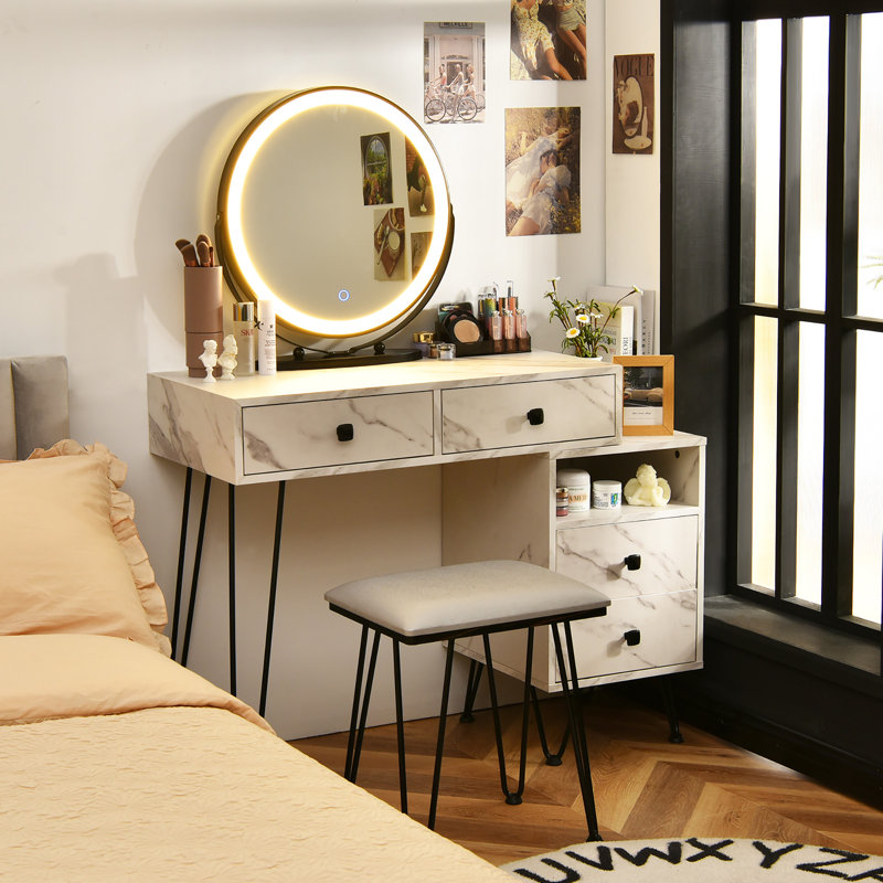 Bedroom Makeup Vanity Dressing Table Stool Set with 3 Colors Lighted Mirror Large Storage Cabinet Drawer, White/Black