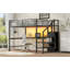 Lit mezzanine double en métal avec bureau, escalier de rangement, petite armoire et lumière DEL