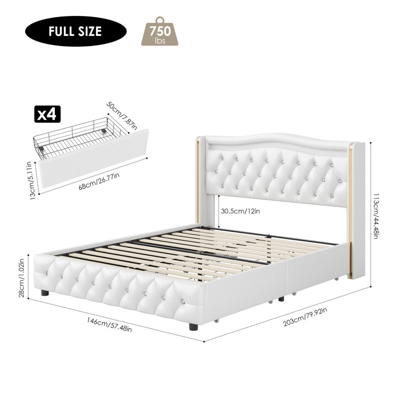 Areyon Upholstered Wingback Storage Bed, Full, White