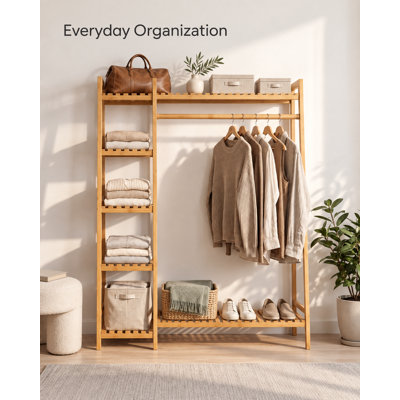 Portant à vêtements en bois de bambou avec porte-vêtements et étagères de rangement l 51 po