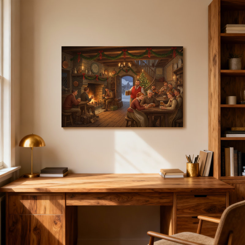 Scène de rassemblement de Noël dans une taverne de Noël, H 16 po x l 24 po