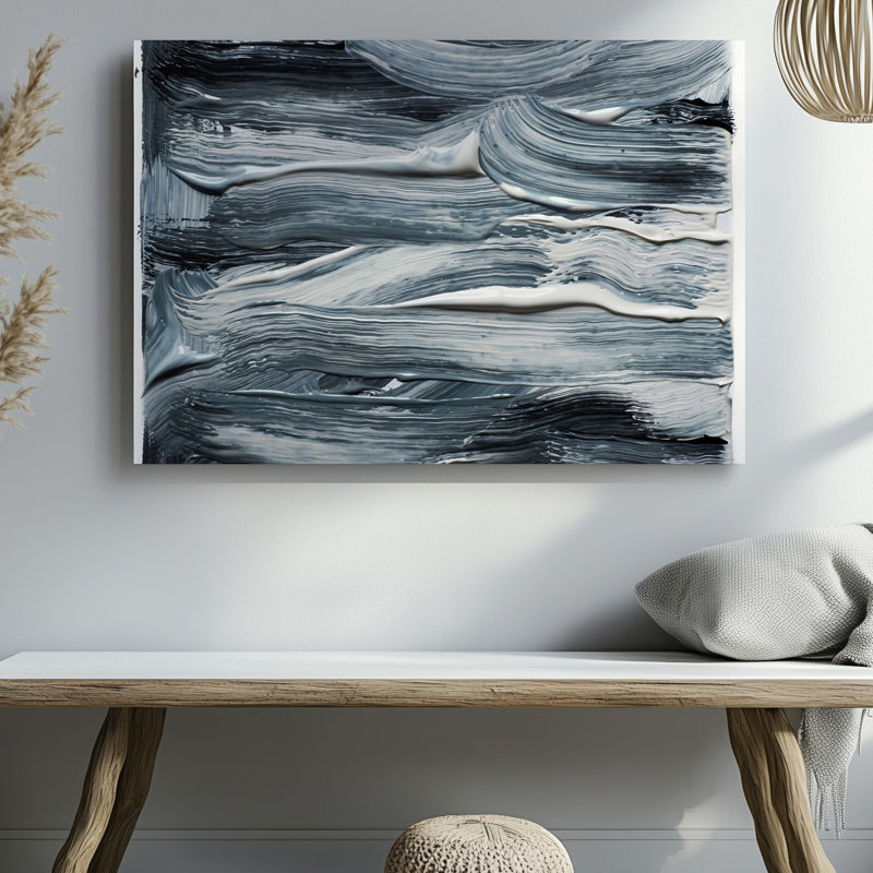 Toile, création d'une œuvre d'art monochrome abstraite avec coups de pinceau dynamiques dans des nuances de gris, blanc et noir