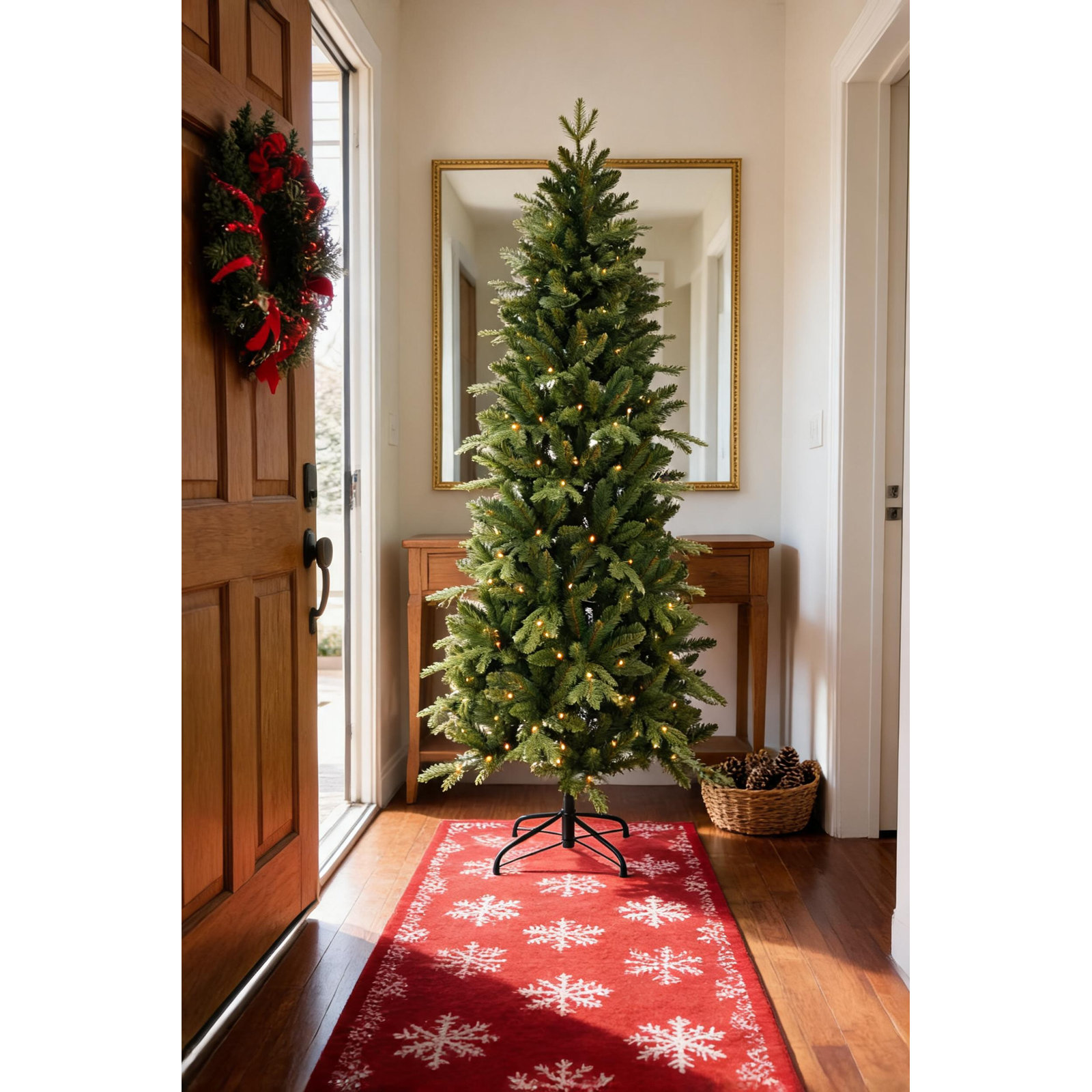 6.56 Ft Artificial Pre-Lit Christmas Tree With Lights, Farmhouse Greenery Xmas Tree With Branch Tips Sturdy Metal Stand