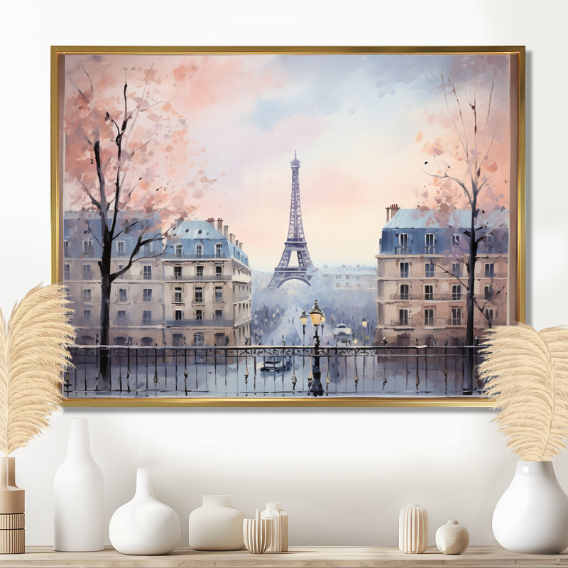 Vue rétro sur la ville de Paris, art mural de salon rétro, Cadre flottant doré, H 16 po x l 32 po x P 1 po