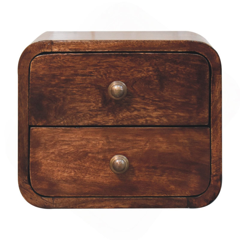 Mini table de chevet murale en bois massif noyer de Californie courbé, 2 tiroirs, brun
