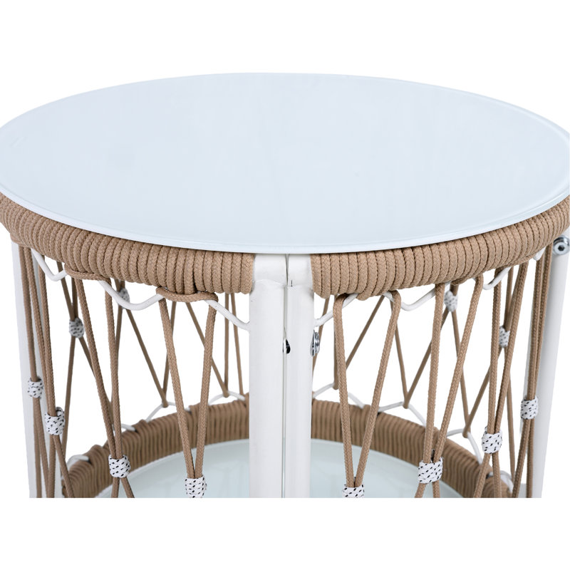 17.42" Outdoor Side Table Featuring Bohemian Look, - Rope And Glass For Patio Styling With Touch, Woven Tabletop Powder-Coated Steel Garden Use