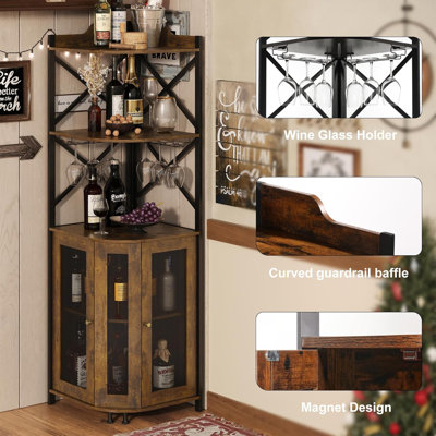 Armoire à vin de coin 65 "avec lumières DEL - Armoire de bar autoportante avec porte-verre et tablettes de rangement, armoire à boissons en bois aggloméré pour salon