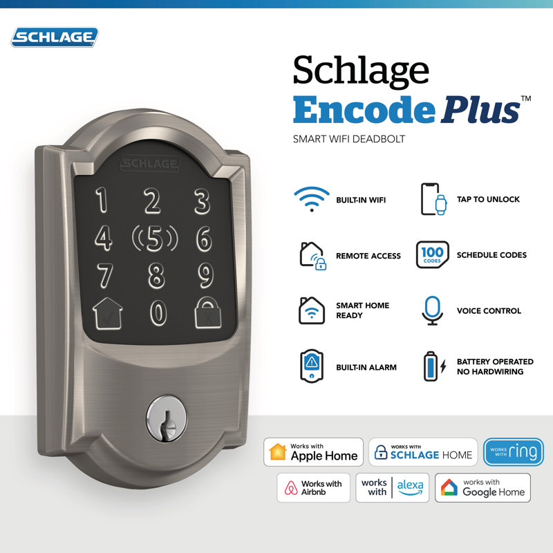 Encode Plus Smart Wifi Deadbolt With Camelot Trim, Satin Nickel