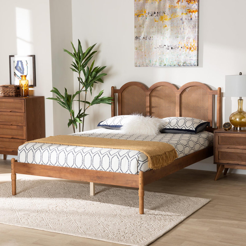 Walnut Brown Wood Queen Platform Bed with Woven Rattan Headboard