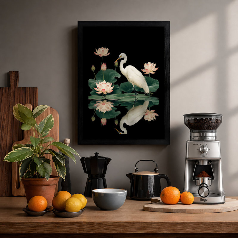 Egret Among Lotus Japandi - Framed Print, A2 - 59.4 x 42.0 cm, Black