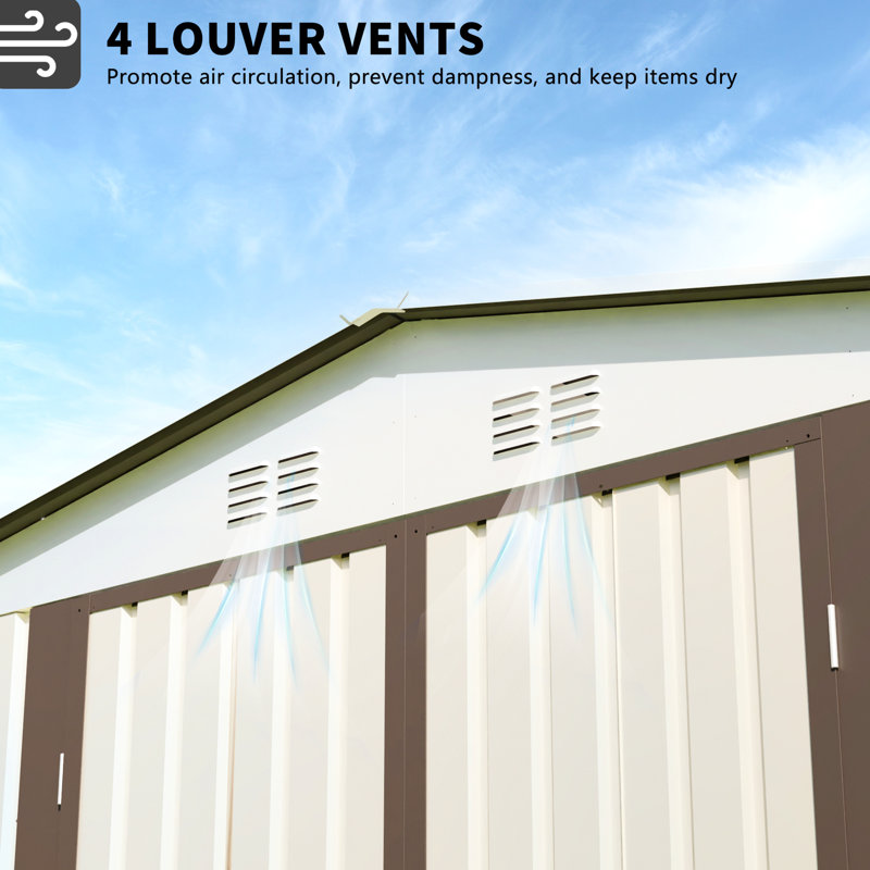 10x8 Feet Cream White Outdoor Garden Storage Shed, Aluminum Alloy Frame With Hinge Door, Foundation And Ventilation For Big Tool In Building Room Holes