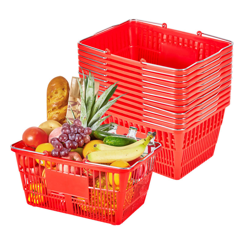 Shopping Baskets, 21L Stackable PE Plastic Grocery Baskets with Metal Handles, Dense Mesh Structure, Holds up to 20 lbs, Portable for Grocery, Retail, Stores, Supermarket, Home Use, Red