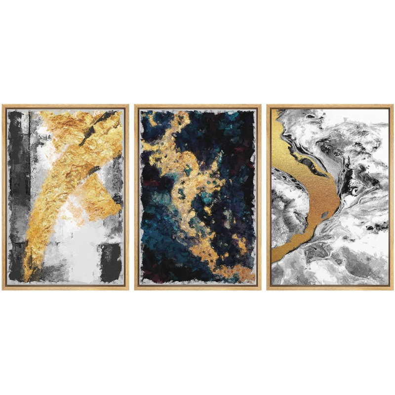 «Black and Gold Swirling Ink Collage Abstract Patterns Modern Art Mid-Century Modern on Canvas», reproduction de 3 pièces