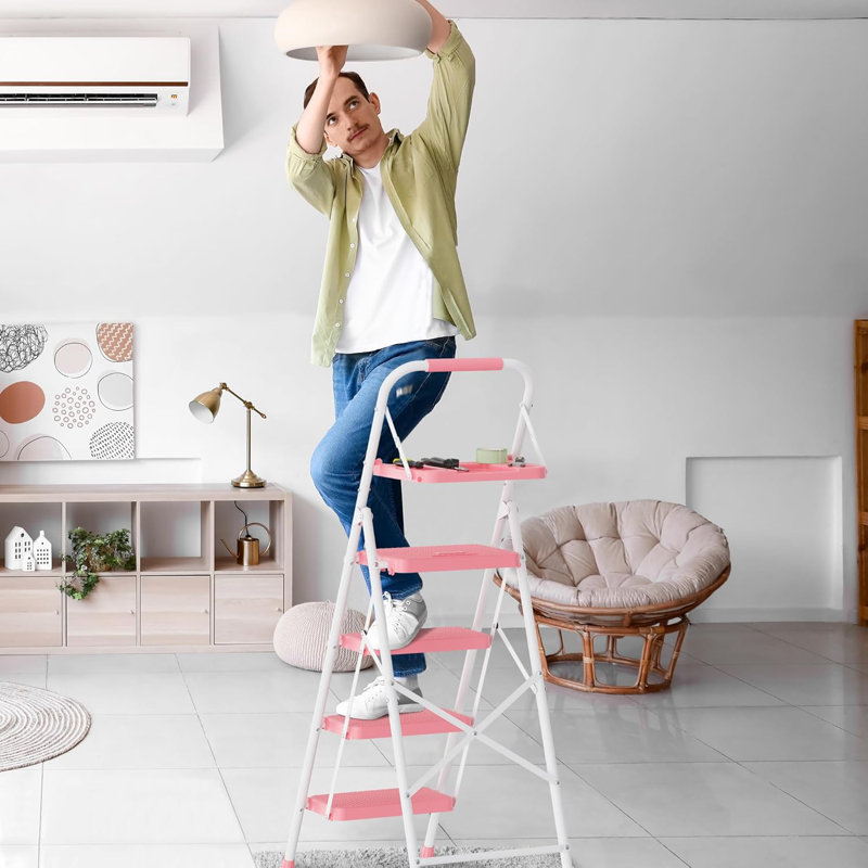 Black and White Steel Folding 4-Step Ladder with Tool Platform