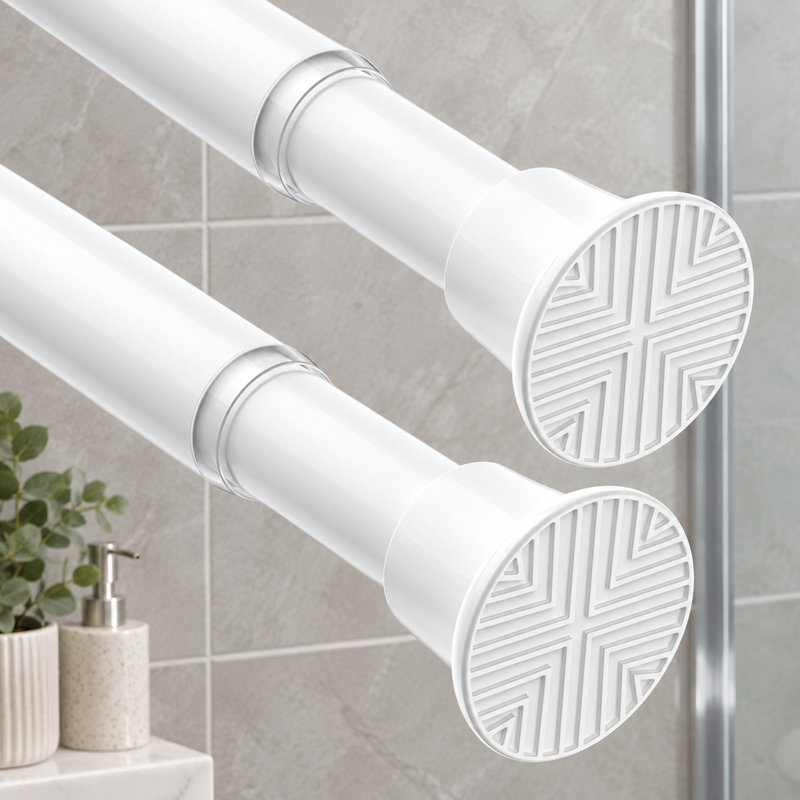 A 2Pcs set of white spring-tension shower curtain rods adjustable from 31-76 inch with a 7/8" diameter; suitable for windows, bedrooms, bathrooms, doorways, and closets.