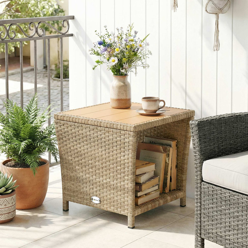 Square Outdoor Side Table - 45 cm W 45 cm D, Natural Top/Khaki Base