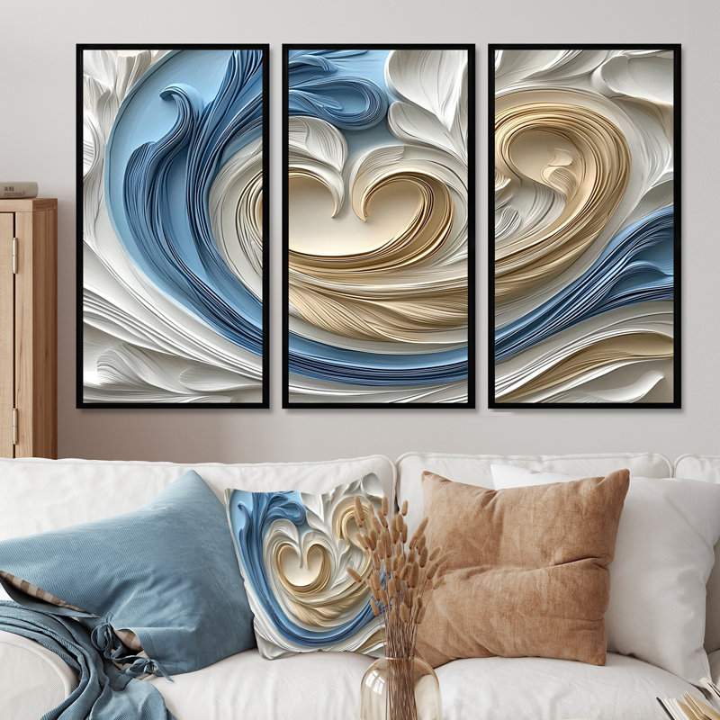 «White Spiraling Hearts Accented with Blue I», ensemble d'art mural spirales abstraites, Toile avec cadre flottant noir