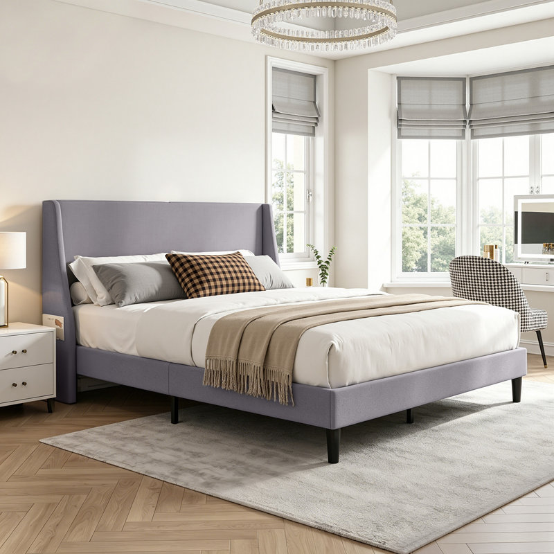 Structure de lit double en lin avec tête de lit à oreilles, lit plateforme double à oreilles avec support à lattes en bois, ports USB, aucun sommier nécessaire, sans bruit