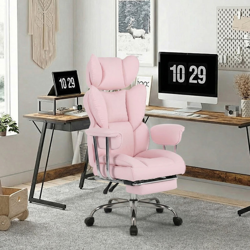 Big & Tall Ergonomic Office Chair with Footrest, 350 lbs Capacity, Luxury Embossed Pet-Friendly PU Leather, Pink