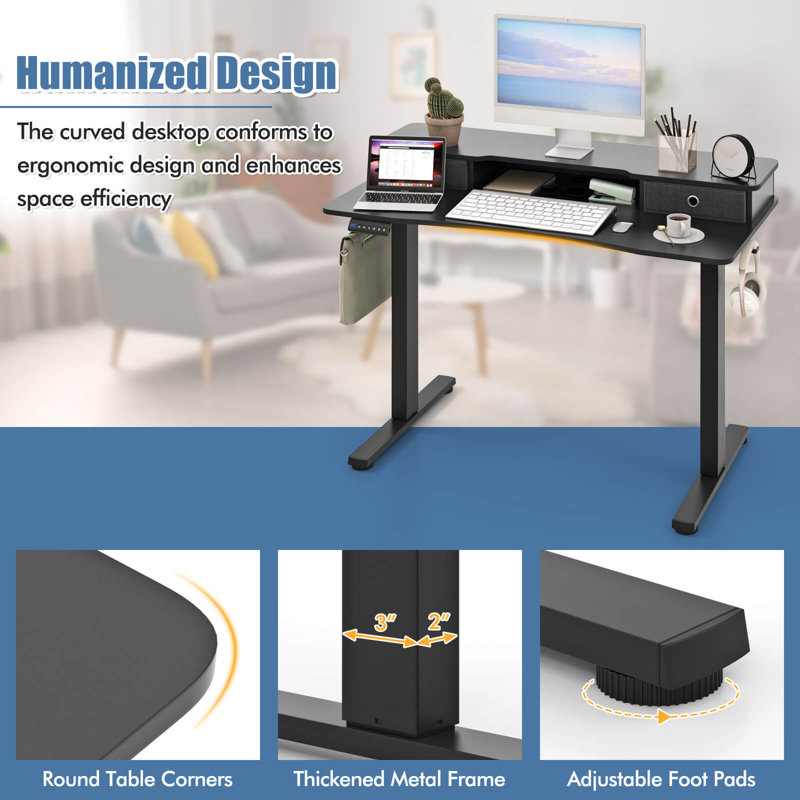 Electric Standing Desk With 2 Drawers Monitor Stand Storage Shelf, 48" W x 24" D, Black