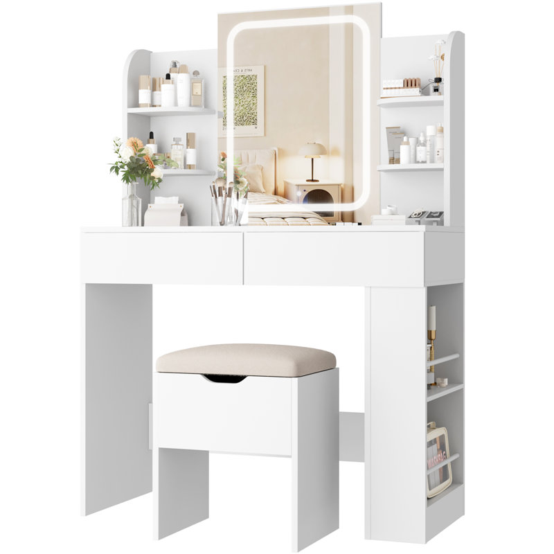 Vanity Desk with Mirror and LED Lights, Makeup Vanity Table with 3 Lighting Color, Adjustable Brightness, Vanity Table with 2 Drawers, Side Storage, for Bedroom