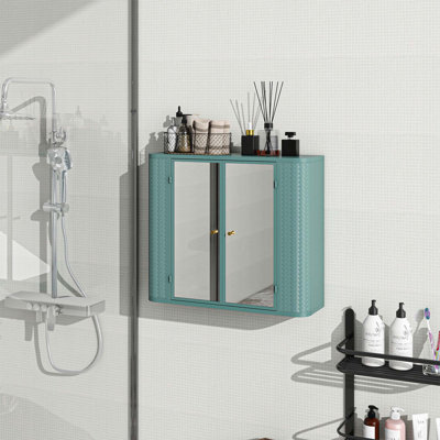 Army Green Wall-Mounted Bathroom Cabinet with Mirror, 2 Mirrored Doors & Open Shelf, Farmhouse Metal Frame Storage for Vanity, Toilet & Over-the-Sink
