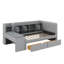Lit de jour simple rembourré en tissu avec tiroirs, étagères, armoires rabattables et table d'appoint attenante-2139364949