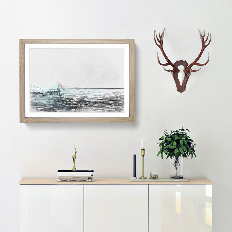 Solo Red Sailboat & Seascape in Abstract - Picture Frame Graphic Art Print, Oak Framed, 27cm H x 36cm W x 2cm D