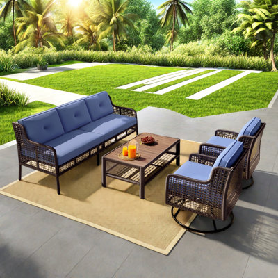 4 Pieces Patio Furniture Set With 2 Swivel Chairs, 1 3-seater Sofa, 1 Coffee Table, Rattan Hollow Weave Design And Iron Frame