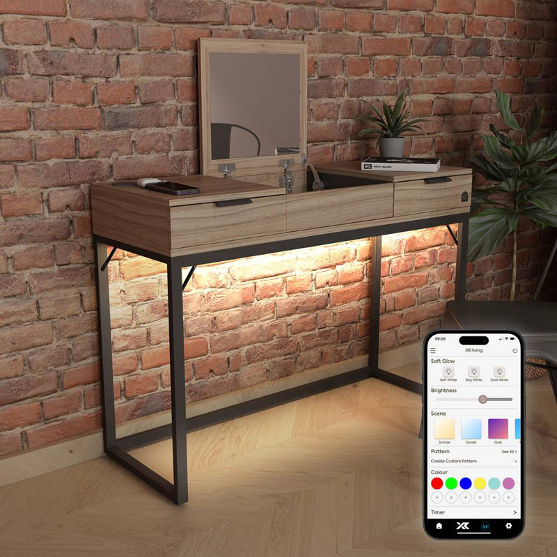 XR Living Denver Dressing Table With Mirror, Wireless Charging and App Control Lights - Oak / Black