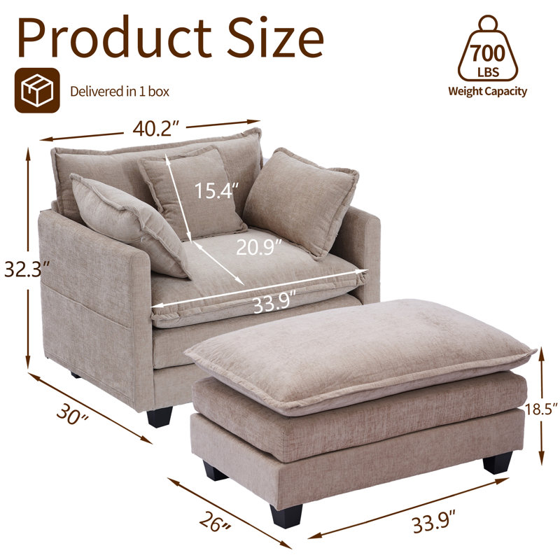 Fauteuil d'appoint surdimensionné en chenille de 40 po avec repose-pieds et repose-pieds avec coussins décoratifs pour salon