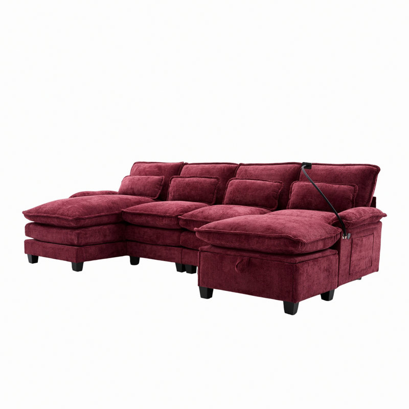 UNITED WE WIN 106" U Shape Sectional Sofa Cloud Couch For Living Room, Upholstery Comfy Modular Sofas, 4 Seat Chenille U-Shaped Sleeper Sofa With Chaise Lounge, Ottoman & Pillows