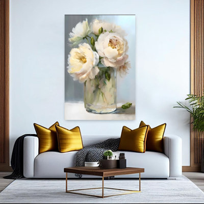 Pivoine jaune pâle et rose dans un vase, art contemporain classique délicat